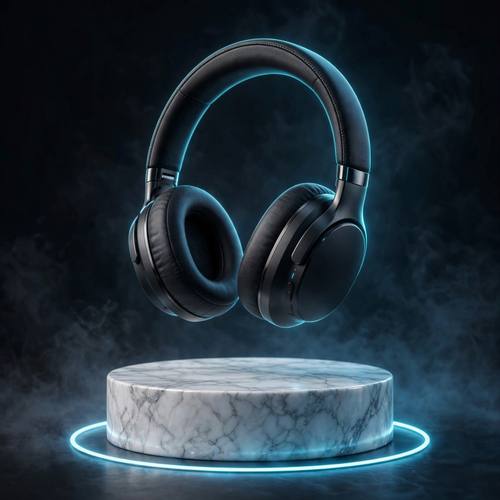 Sleek wireless headphones floating above a marble pedestal with soft neon rim light, high-end product render