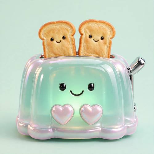 A smiling toaster with two slices of toast popping up and heart-shaped buttons. Mint jelly body, chrome lever, soft mint backdrop. Y2K kitsch 3D render: translucent jelly-like pastel resin with a soft inner glow, polished chrome and pearlescent accents, puffy inflated details, crisp specular highlights under soft top light, one soft tinted contact shadow, flat seamless backdrop, centered near-frontal view.