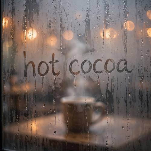 A misted café window with 'hot cocoa' finger-written in the fog, a steaming mug blurred on the table behind the glass. Eye level, close. Warm amber and soft gray. Cozy. Fogged-window photo: a misted window pane with words or a doodle finger-drawn clear in the fog, small drip trails running down from the letters, warm out-of-focus lights glowing behind the glass, cozy evening mood, a real photograph with shallow depth of field.