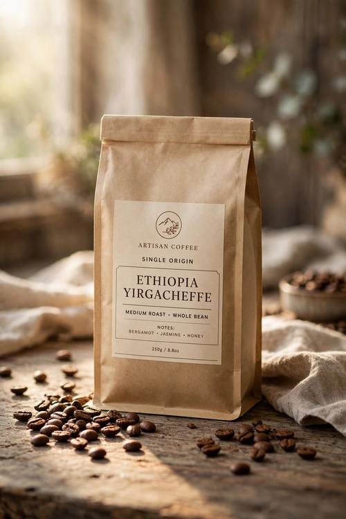 Artisan coffee bag standing on a rustic wooden table with scattered beans and warm morning light, cozy product photography