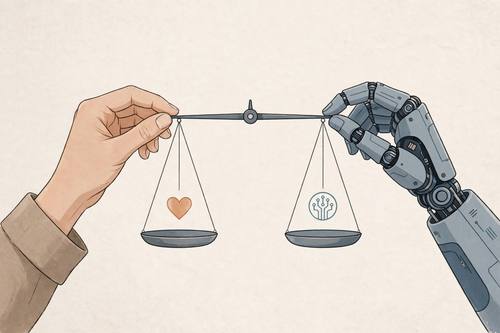 Editorial illustration of artificial intelligence ethics, human and robot hands balancing a scale, minimal, thoughtful tone