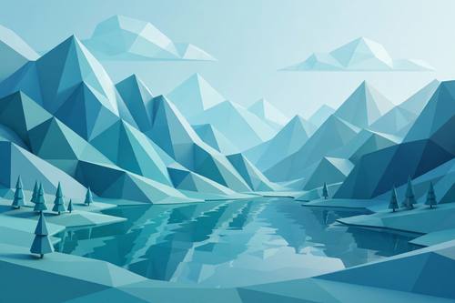 Low poly mountain landscape with a lake, faceted planes, cool blue and teal palette, minimalist 3D wallpaper