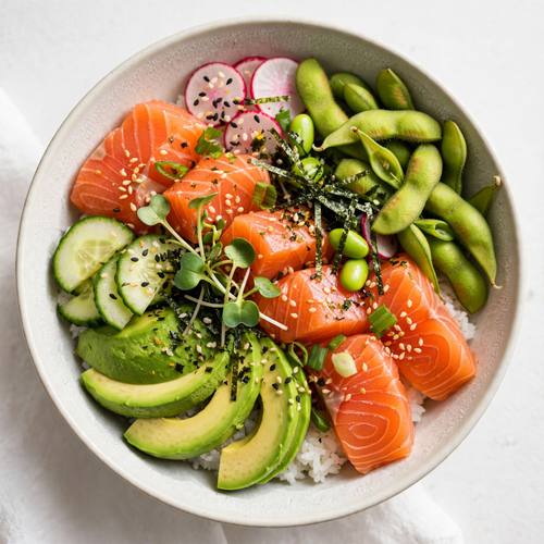 Vibrant poke bowl with salmon, avocado and edamame, top-down, bright fresh colors, clean studio light, healthy food shot
