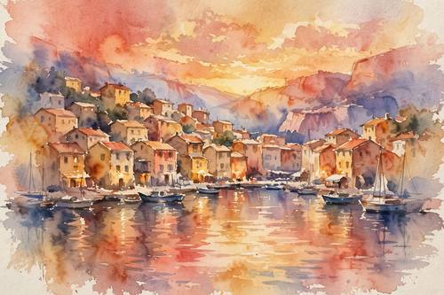 Watercolor coastal town at sunset, warm ochre and coral washes, loose impressionistic buildings, soft reflections