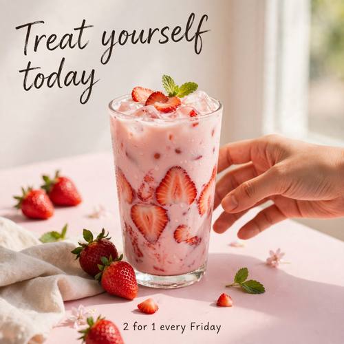An Instagram post for a café: an iced strawberry latte in a tall glass on a pastel pink table with a hand reaching in from the side, the handwritten-style headline 'Treat yourself today' in the top left, and the small line '2 for 1 every Friday' at the bottom. Bright, friendly, natural light.