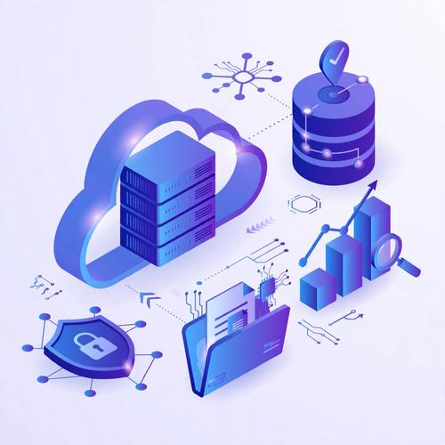 Isometric 3D cloud server and data icons, blue and violet gradients, clean tech illustration, soft ambient occlusion