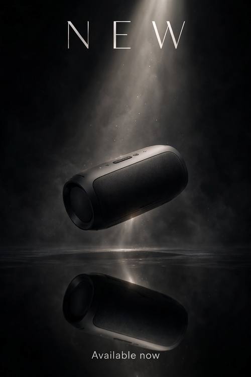 A product launch ad: a matte black wireless speaker floating above a reflective black surface in a single beam of light, the word 'NEW' in thin, widely spaced capitals above it and 'Available now' in small text below. Dark, premium, cinematic.