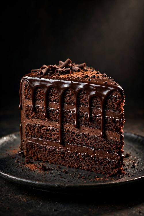 Slice of layered chocolate cake with a glossy ganache drip on a plate, dramatic dark background, rich and decadent, spotlight