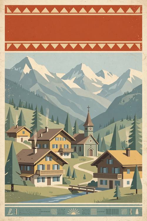 Vintage travel poster of a Swiss alpine village, flat mid-century illustration, muted retro palette, bold title banner space
