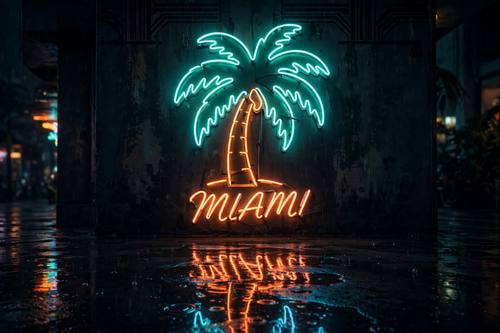 Neon palm tree sign in teal and orange, retro Miami vibe, dark wall, glowing reflections on a wet floor