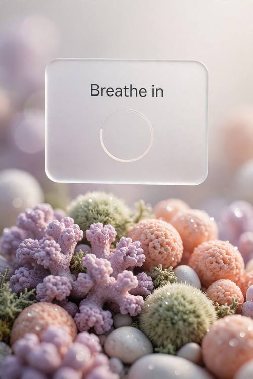 Lilac and peach coral-like spheres clustered at the bottom of the frame, one frosted white app card floating above them that reads 'Breathe in' with a thin circular timer. Close macro view, the card in sharp focus. Lilac, peach and soft white. Calm and meditative. Organic tech visual: soft, tactile 3D organic forms such as coral, moss, fuzzy spheres and smooth pebbles, macro-photo detail with shallow depth of field, a calm natural palette, and one crisp minimal interface card in frosted white glass floating among them with a short clean sans-serif label. Quiet, soft light, premium and calm.