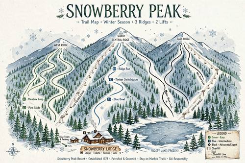 A trail map for a resort called 'Snowberry Peak': three ridges with green, blue and black runs, two chairlifts, a frozen lake and a lodge at the base, a small legend in the corner. Wide panorama. Blue-gray, white and pine green. Inviting. Painted ski-resort trail map: a hand-painted mountain panorama with blue-gray ridges and dotted tree texture, color-coded trails in green, blue and black winding down the slopes, chairlift lines with little towers, small numbered labels and a legend box, a cozy lodge at the base, a gouache poster finish. Wintry and inviting; invented resorts only.