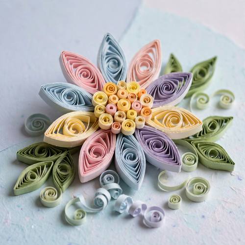 Paper quilling flower on a pastel background, rolled paper strips, intricate coils, soft shadows, delicate handmade craft