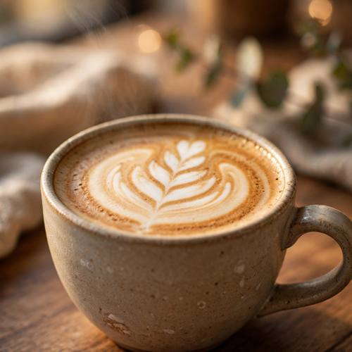 Artisan latte with delicate leaf latte art in a ceramic cup, soft cafe light, cozy close-up, warm tones