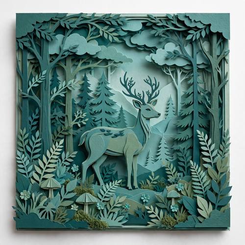 Layered paper cut art of a deep forest with a deer, stacked paper depth and soft shadows, teal and green tones, craft aesthetic