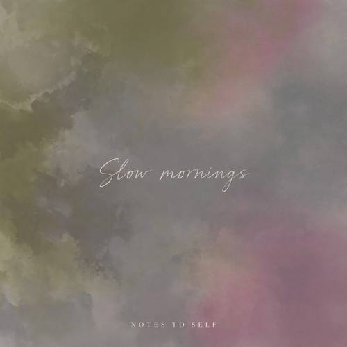 A quote post that reads 'Slow mornings' in loose handwritten script, the small caption 'NOTES TO SELF' at the bottom in spaced serif capitals. Plenty of empty space around the words. Olive green bleeding into dusty mauve and murky gray. Soft and reflective. Dirty gradient artwork: two or three large soft color fields melting into each other across the whole frame, the blend passing through muddy, desaturated in-between tones instead of a clean smooth transition, an even layer of fine film grain and noise over everything; no rust, stains, scratches or wall texture; minimal typography of thin handwritten script plus tiny widely spaced serif capitals in a light color, clearly legible. Moody, human, analog.