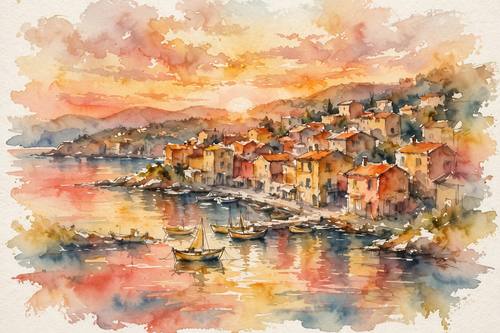 Watercolor coastal town at sunset, warm ochre and coral washes, loose impressionistic buildings, soft reflections