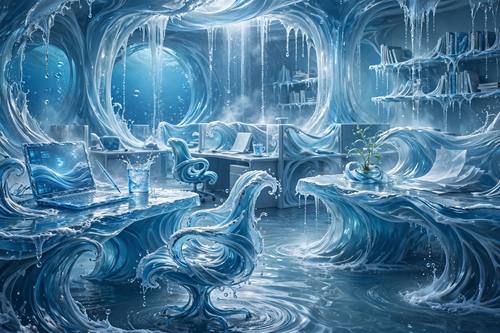 An office made entirely of flowing water, desks and chairs formed from waves, surreal, ethereal blue light