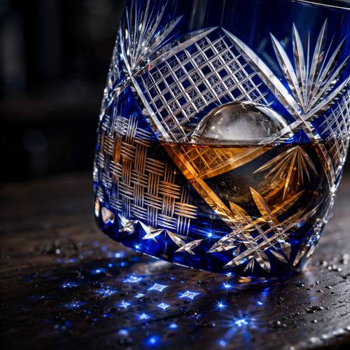 A cobalt cut-glass tumbler of whiskey on a dark wooden bar, one ice sphere, the diamond-cut pattern throwing blue sparkles across the wood. Low side angle, close. Cobalt, amber and black. Elegant. Japanese-style cut glass photo: deep cobalt or ruby overlay glass cut back to clear in fine diamond grids, star bursts and basket-weave lines, light passing through the cuts and throwing sparkling colored caustics on the surface below, crisp glints, a dark or softly lit backdrop, sharp macro detail. Elegant and jewel-like.