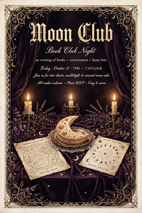 A book club night invitation: a velvet-draped table with candles, star charts and a crescent-moon cake, the words 'Moon Club' in Victorian serif at the top. Straight on, symmetrical. Plum, black and gold. Cozy and witchy. Celestial whimsigoth art: early-1990s witchy romance, deep plum and black velvet, gold crescent moons and tiny stars, wrought-iron curlicues, lace edging, warm candle glow, a Victorian display serif with a thin script for any words, soft painterly finish with a light grain. Dreamy, moody and a little magical; no religious symbols, no pentagrams.