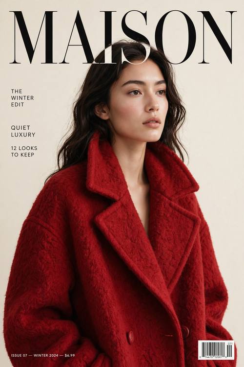 A fashion magazine cover: a model wearing an oversized red wool coat against a plain cream backdrop, a big serif masthead 'MAISON' across the top partly behind her head, cover lines in small capitals on the left: 'The Winter Edit', 'Quiet Luxury', '12 Looks to Keep', an issue number and a barcode in the bottom corner. High-end editorial print look.