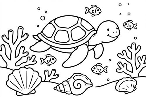 An underwater scene with a sea turtle, branching coral, seashells and small fish, large simple shapes for young children. Printable coloring page: crisp black outlines in one even medium weight, every shape fully closed, large open areas to color, no fills, no shading, no gray tones, no texture, pure white background.