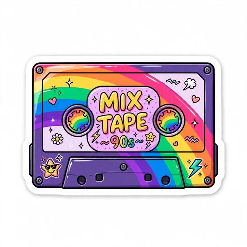 Glossy sticker of a retro cassette tape with a rainbow, thick white border, playful 90s vibe, isolated on white
