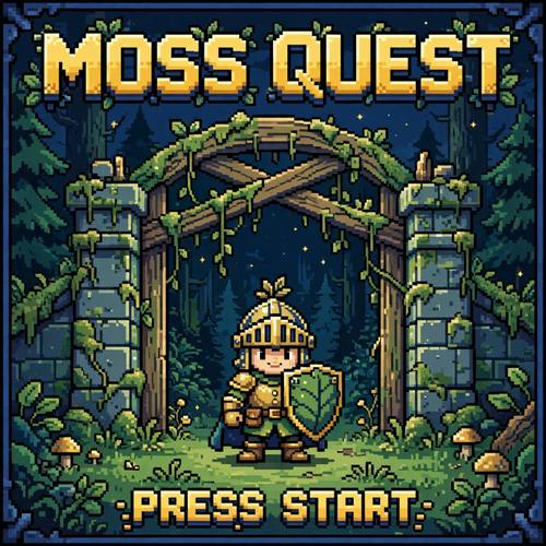 A title screen for a game called 'Moss Quest': a little knight with a leaf shield standing before a forest gate, the title in chunky pixel letters at the top and 'PRESS START' below. Straight on, the knight centered. Forest greens, gold and night blue. Adventurous. Pixel art: crisp 16-bit retro video game graphics, every shape built from visible square pixels with no anti-aliasing or blur, a limited arcade palette, chunky pixel borders and blocky bitmap lettering, flat colors with simple dithered shading. Clean and sharp, no smooth gradients, no 3D.