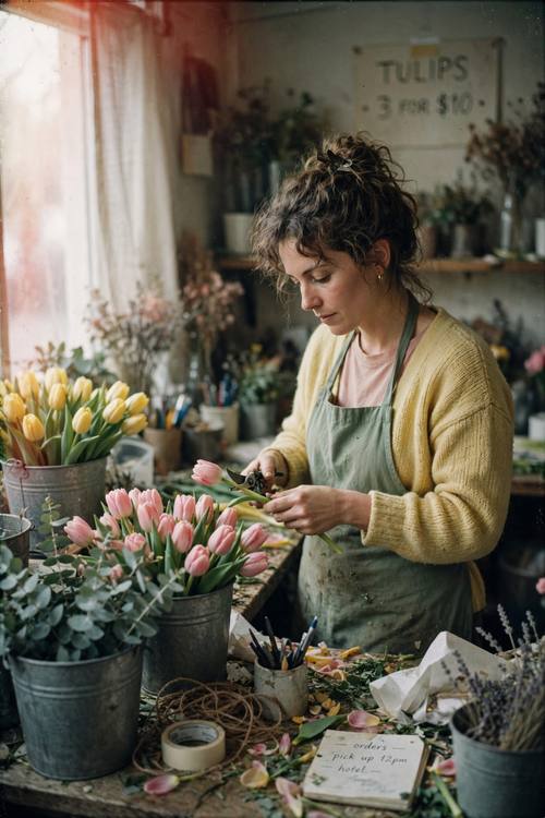 A florist trimming stems at a cluttered counter in a small flower shop, buckets of tulips and eucalyptus around her. Waist-up candid portrait, off-center, shallow focus. Diffused window light from the left. Blush pink, sage and butter yellow. Calm and unhurried. A real snapshot scanned from 35mm color negative film: coarse grain across the whole image, faded warm colors with a slight green cast in the shadows, milky lifted blacks, a faint red glow around bright lights, soft focus, amateur framing. Not sharp, not glossy, not HDR, not a modern digital photo.